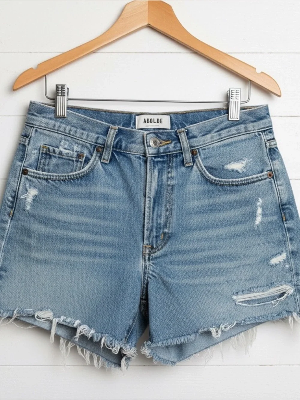 Agolde Parker Long high-Rise Light Blue distressed Denim Shorts